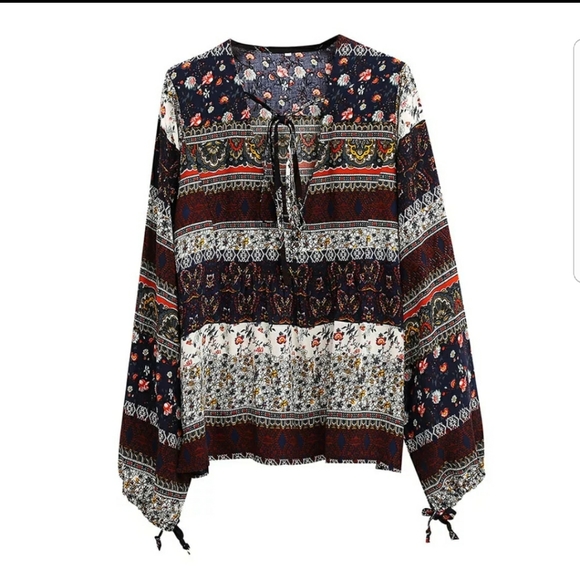 BOHO LONG SLEEVE FRONT TIE BLOUSE - Picture 3 of 4